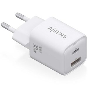Cargador de Pared GaN Aisens ASCH-30W2P020-W/ 1xUSB Tipo-C/ 1xUSB/ 30W