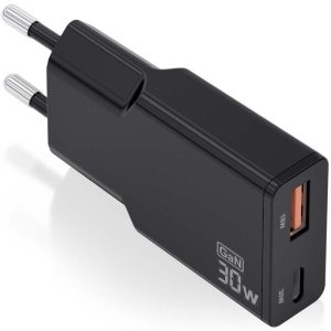 Cargador de Pared GaN Aisens ASCH-30W2P047-BK/ 1xUSB Tipo-C/ 1xUSB/ 30W/ Negro
