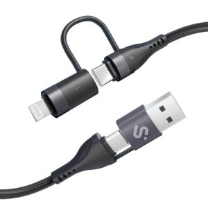 Cable USB 2.0 Tipo-C Subblim Top 4 en 1/ USB Tipo-C Macho - USB Macho/ USB Tipo-C Macho - Lightning Macho/ Hasta 60W/ 480Mbps/ 1m/ Negro