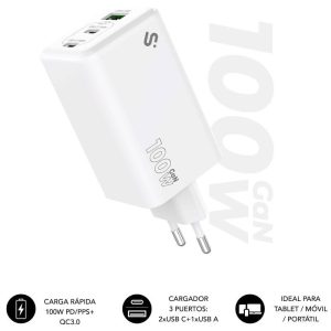 Cargador de Pared GaN Subblim 100W Charger USB C+C+A/ 2xUSB Tipo-C/ 1xUSB/ 100W