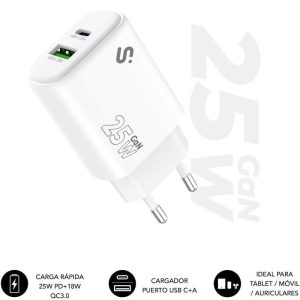Cargador de Pared GaN Subblim 25W Charger USB C+A/ 1xUSB Tipo-C/ 1xUSB/ 25W